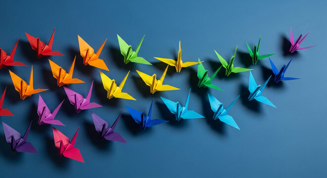 Rainbow colored origami cranes arranged diagonally on a dark blue background, symbolizing diversity, hope, and artistic creation