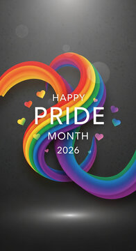 Rainbow-colored shapes and hearts on a dark background with text "Happy Pride Month 2026", symbolizing LGBTQ+ pride and celebration for Valentine's Day.