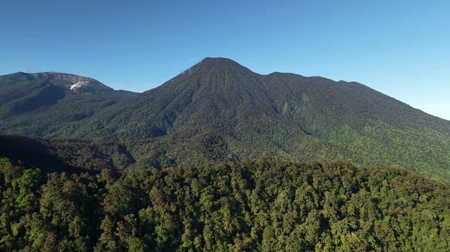 A stunning drone view of lush green mountains and clear blue skies. A pristine, untouched natural landscape, Mount Gede Pangrango National Park, Indonesia.