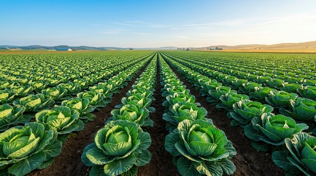 Rows of Bomdong cabbage thriving in a vast agricultural field under a blue sky.