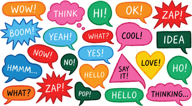 Set of graphic speech and thought bubbles with different shapes words and colors.