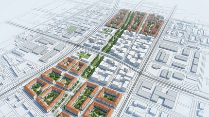 Fototapeta premium Technical urban planning blueprint showing city zoning and infrastructure layout.