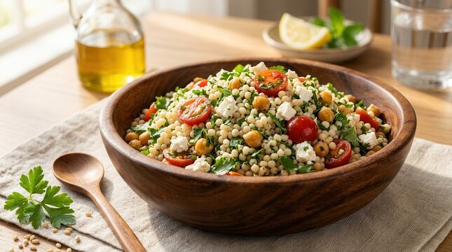 Nutritious couscous salad with sun-dried tomatoes, chickpeas, and feta cheese in a wooden bowl.