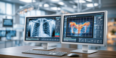 Naklejka premium Diagnostic imaging workstation with chest x ray and scan analysis in modern clinic