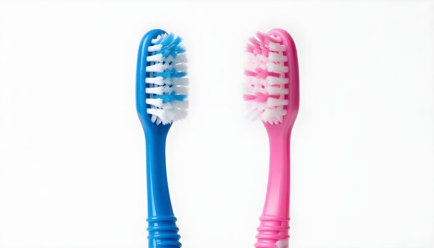 Two colorful toothbrushes, blue and pink, stand side by side on a white background