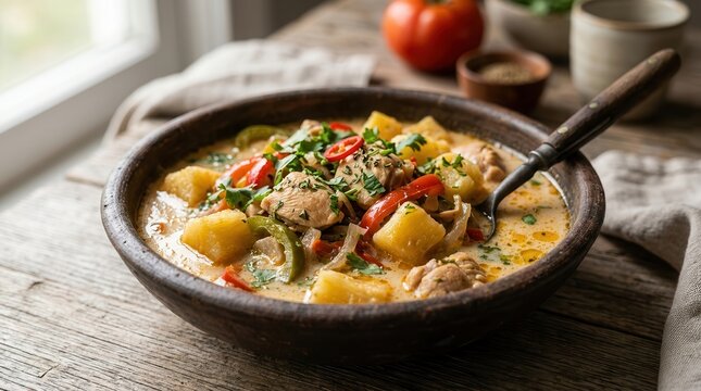 Delicious Bobo chicken stew with yuca, onion, and pepper in creamy coconut milk.
