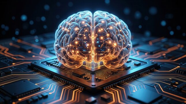 Human brain glowing from a processor to represent big data and artificial intelligence.