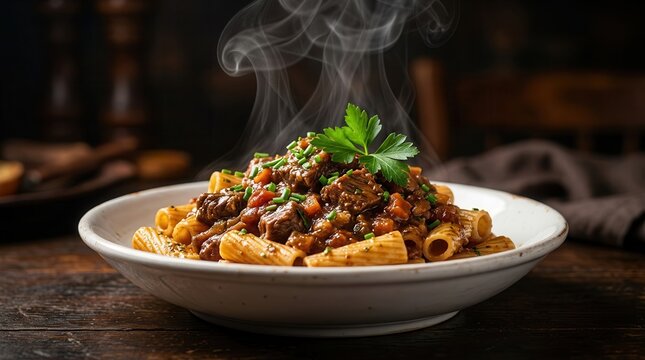 Delicious rigatoni pasta topped with a rich meat sauce and fresh herbs.