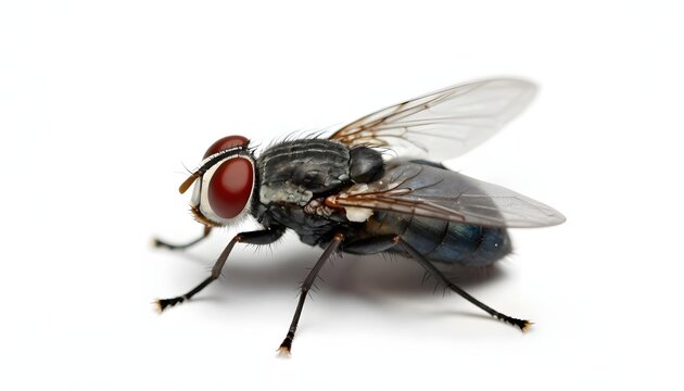 Extreme close-up macro photograph of a common housefly with striking red eyes on a white background
