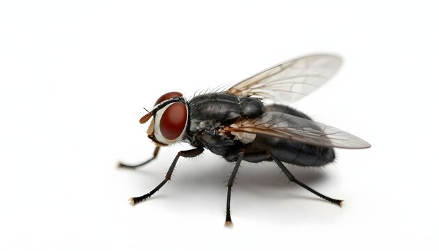 Extreme macro photograph of a housefly with large red eyes on a white background