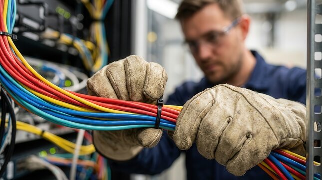 Professional electrician installing a network cable bundle and inspecting color-coded wires.