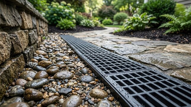 Trench drain channel with plastic grate installed next to a stone pathway for stormwater management.