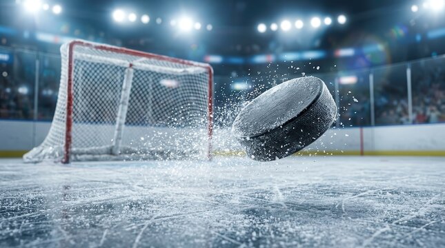Black ice hockey puck in motion flying towards an empty net on an ice rink surface.