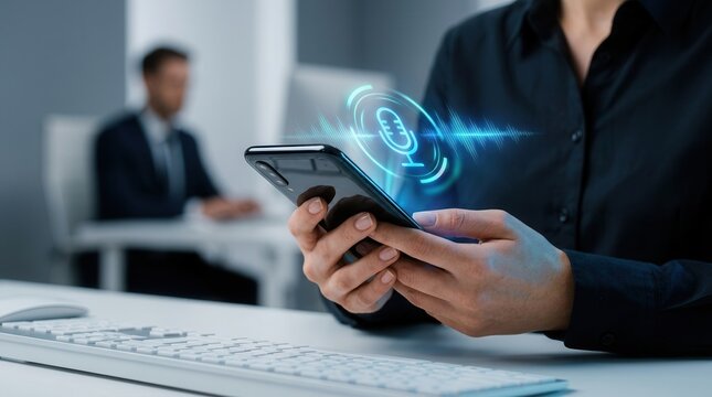 Person using a smartphone for voice recording and AI voice search concept.
