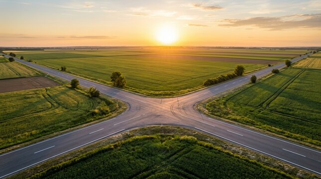Aerial view of two country roads intersecting in a lush green field at sunrise.