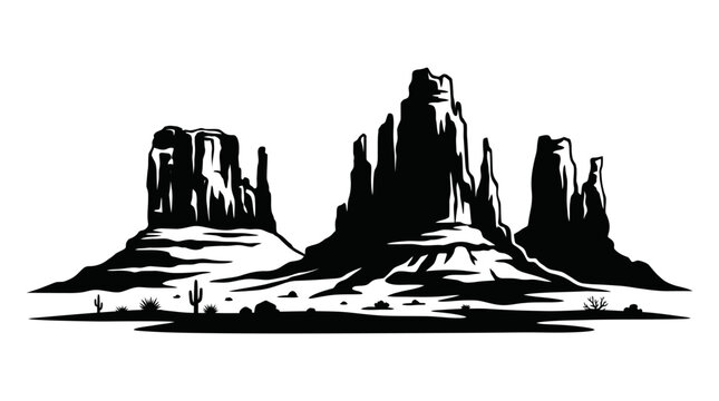 Vector illustration of Monument Valley desert rock formations with mesas and buttes, rugged landscape silhouette, American Southwest iconic scenery, black and white stylized artwork design