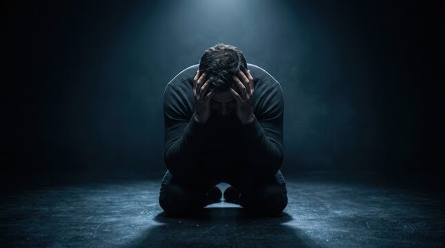 Depressed man sitting in darkness with head in hands expressing sadness