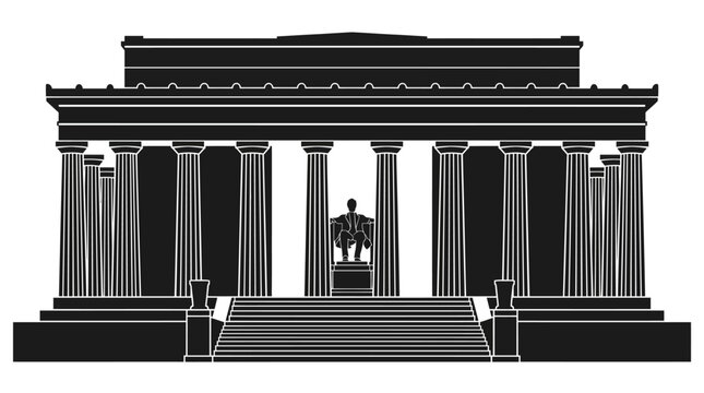 Vector silhouette of Lincoln Memorial in Washington DC, neoclassical architecture landmark, Abraham Lincoln seated statue artwork, iconic American monument symbol of unity and freedom