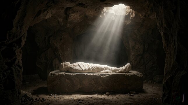 A figure wrapped in white cloth lies in a dark rock tomb under spiritual light.