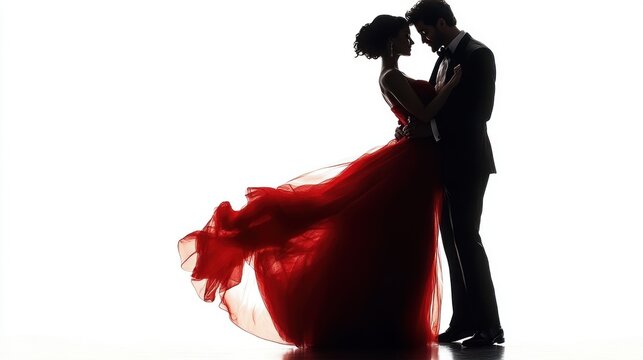 Couple in red dress dancing silhouette against white background. Romantic moment. Possible use Stock photo for love, romance, wedding, or fashion