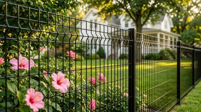 Black welded wire fencing section in a lush garden.