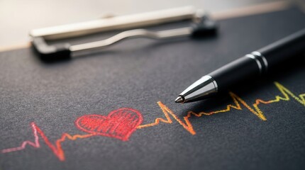 Fototapeta premium Clipboard with pen and drawn heartbeat icon on dark paper for risk assessment.