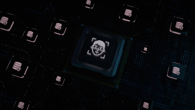 AI Facial Recognition Technology Icon in Targeting Reticle with Database Symbols and Circuit Board Background Conceptualizing Data Security and Digital Identity Verification
