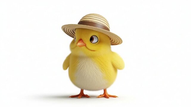 Cute cartoon chick wearing straw hat on white background