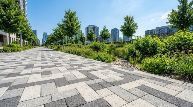 Permeable paver bioswale with interlocking stone pavement and planted swale for stormwater management.