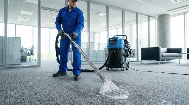 Professional worker cleaning a gray carpet with an extraction machine for commercial hygiene.