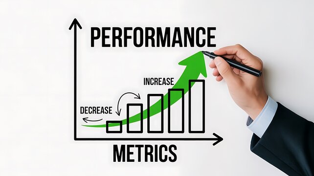 Business performance metrics growth chart with increasing bar graph and hand drawing upward arrow on white background