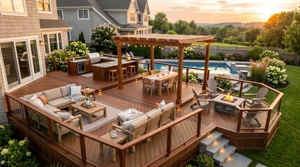 Fototapeta premium Completed luxury backyard deck with outdoor furniture and warm natural lighting, showcasing high-quality craftsmanship, promotional website photo.