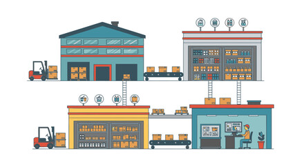 Fototapeta premium Efficient global supply chain and logistics network with warehouses, distribution centers, and office operations. Modern illustration of inventory management and delivery.