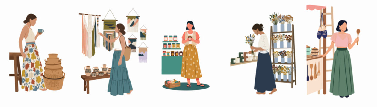Set of diverse women entrepreneurs selling artisanal crafts, homemade preserves, and flowers at a local craft market or small business fair.