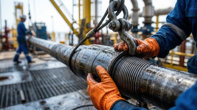 An offshore worker handling a drill pipe joint during deep water well drilling operations.