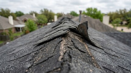 Fototapeta premium Damaged asphalt shingle ridge on a residential roof showing granule loss.
