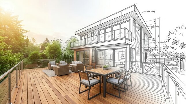 Architectural sketch showing a modern home deck addition with outdoor seating and design elements.