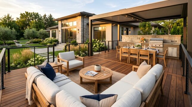 Completed luxury backyard deck with outdoor furniture and warm natural lighting, showcasing high-quality craftsmanship, promotional website photo.