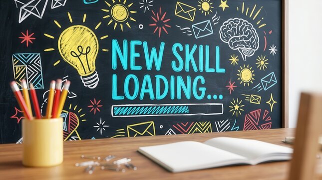 Chalkboard featuring the text 'new skill loading' with creative doodles for learning and growth.