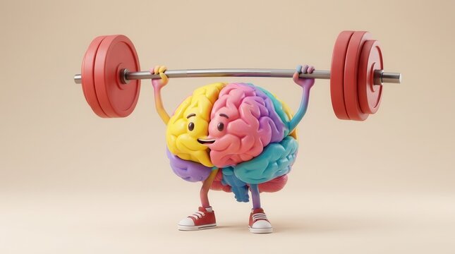 Colorful brain mascot lifting a barbell to represent mental strength and cognitive fitness.