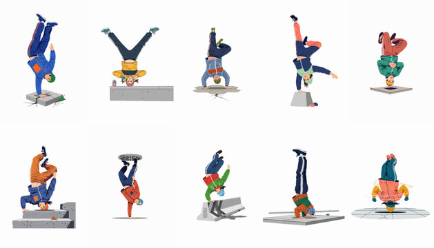 Collection of male and female breakdancers performing urban street dance moves, acrobatics, and freezes in colorful tracksuits, isolated on white background.