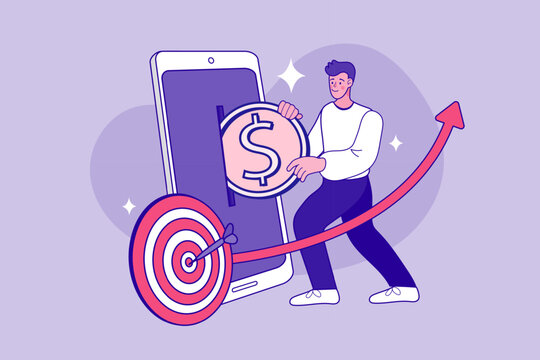 Targeted investment concept with man inserting dollar coin into smartphone and rising growth arrow. Vibrant illustration for financial goals, stock market profit, and smart business strategy.
