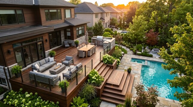 Completed luxury backyard deck with outdoor furniture and warm natural lighting, showcasing high-quality craftsmanship, promotional website photo.
