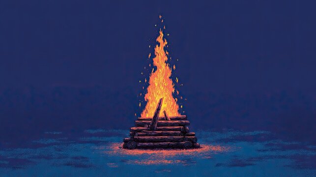 Tall bonfire blazing brightly against a deep twilight sky