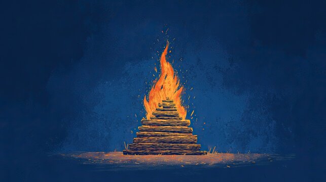 A large bonfire burns brightly, illuminating the night sky with warm orange flames