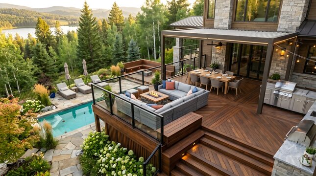 Completed luxury backyard deck with outdoor furniture and warm natural lighting, showcasing high-quality craftsmanship, promotional website photo.