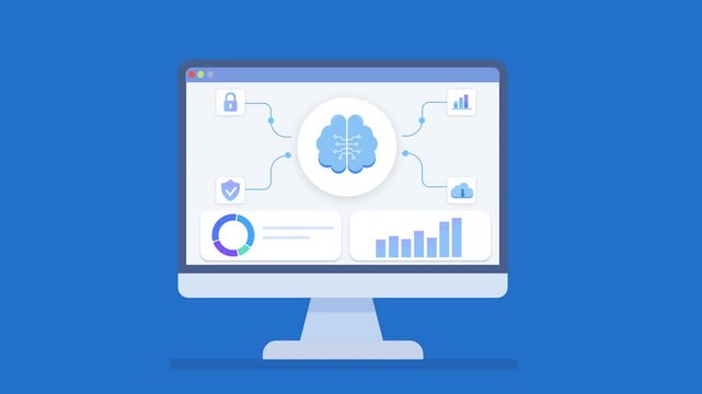 Clean animation of a desktop monitor showing AI analytics dashboard with cloud data network, connected nodes, and charts, illustrating machine learning and digital workflow systems.