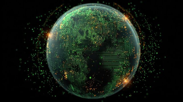 Futuristic digital sphere with glowing circuits and swirling data particles