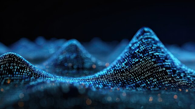 Digital landscape of glowing blue data points forming hills and valleys