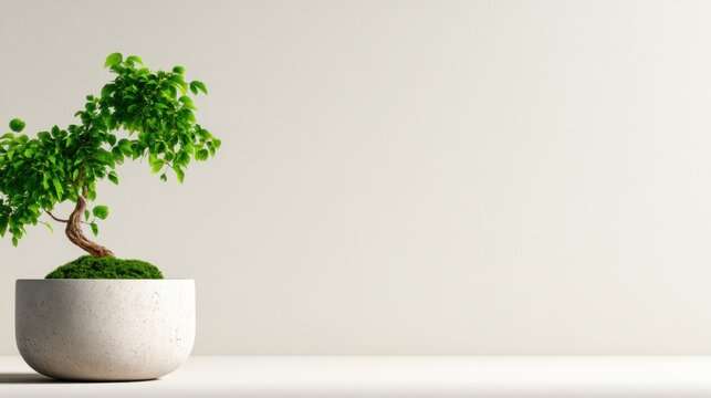 A beautifully shaped bonsai tree is showcased in a minimalist pot on a simple, uncluttered table, highlighting the beauty of nature and artistry in a serene arrangement.